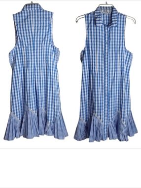 THAKOON Gingham Cotton Mini Dress Cottage Girly Prep Feminine Blue White Check S